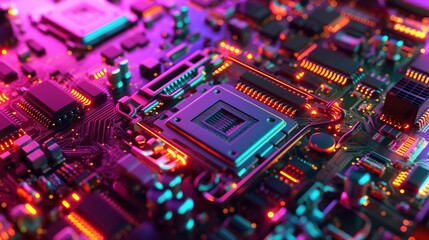 Close-up of an illuminated electronic circuit board with microchips and processors.