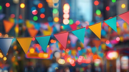 Obraz premium Colorful festival bunting flags hanging above a vibrant city street.