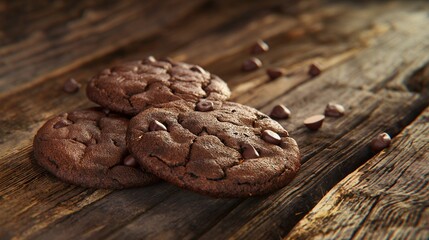 Fototapeta premium Freshly baked chocolate chip cookies on a rustic wooden table.