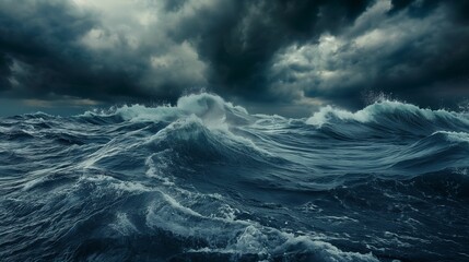 Dramatic stormy ocean waves under dark thunderclouds.