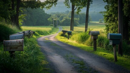 Rural road with a line of rustic mailboxes by the forest in morning light.