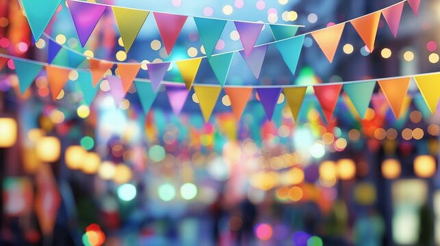 Colorful festival bunting flags hanging above a vibrant city street.