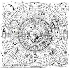 Coloring book page for kids and adults of an astrological chart features a central clock face surrounded by concentric circles of symbols