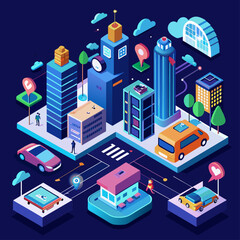 isometric city in the city, isometric designs of smart city technologies