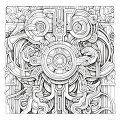 Coloring book page for kids and adults of a complex machine made up of gears, cogs, and other mechanical parts.