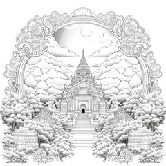 Coloring book page shows a detailed and intricate drawing of a temple or palace, with a grand staircase leading up to it surrounded by lush trees and clouds.