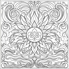 A black and white line drawing of a sunflower surrounded by swirling waves for coloring.