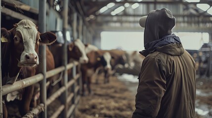A farmer in a hooded jacket observes cows in a barn, with a close-up of a cow's face.
