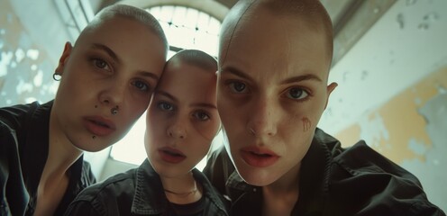 Three young women with shaved heads and intense expressions in a grungy setting.