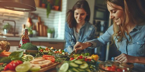 Obraz premium Culinary Bonding: Cooking Fresh Together Healthy Cooking at Home: Enjoying the Prep