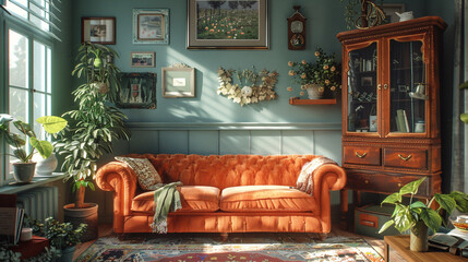 A cozy TV nook with a plush velvet sofa, a small potted herb garden, and a vintage-inspired TV cabinet.