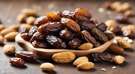 Obraz premium A Healthy Food Cart with Hazelnuts, Almonds, and Dates, Nutty Goodness A Closeup of Brown, Dry Nuts in an Isolated Bowl, Healthy Snacks An Organic Mix of Dried Nuts and Seeds 