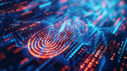 Digital Fingerprint in Blue Cyberspace. Abstract digital fingerprint pattern on a blue glowing cybernetic background.
