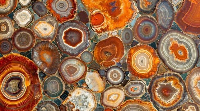 A series of repeating circles that appear to resemble the circular patterns found in agate stones with a mix of warm and cool tones..