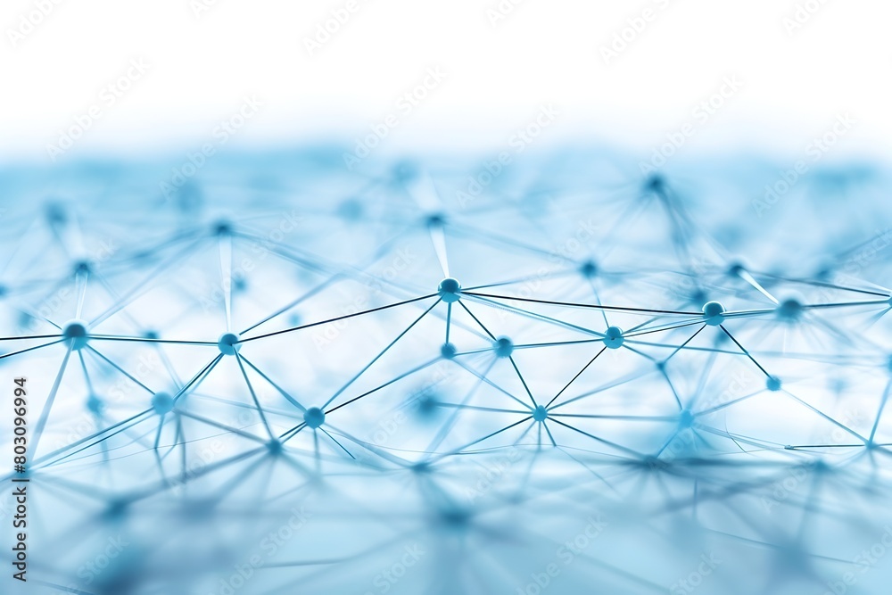 Poster abstract blue connection dots and lines on a white background, depicting a technological network con