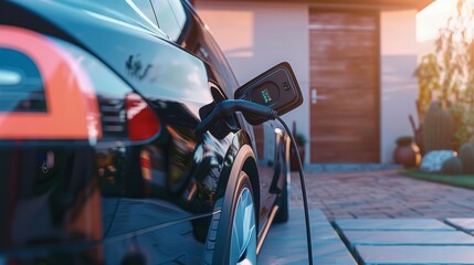 Fototapeta premium EV charging port being connected to a wall-mounted charger at home, EV car concept