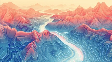 Colorful topographic map depicting detailed mountain ranges in an abstract design