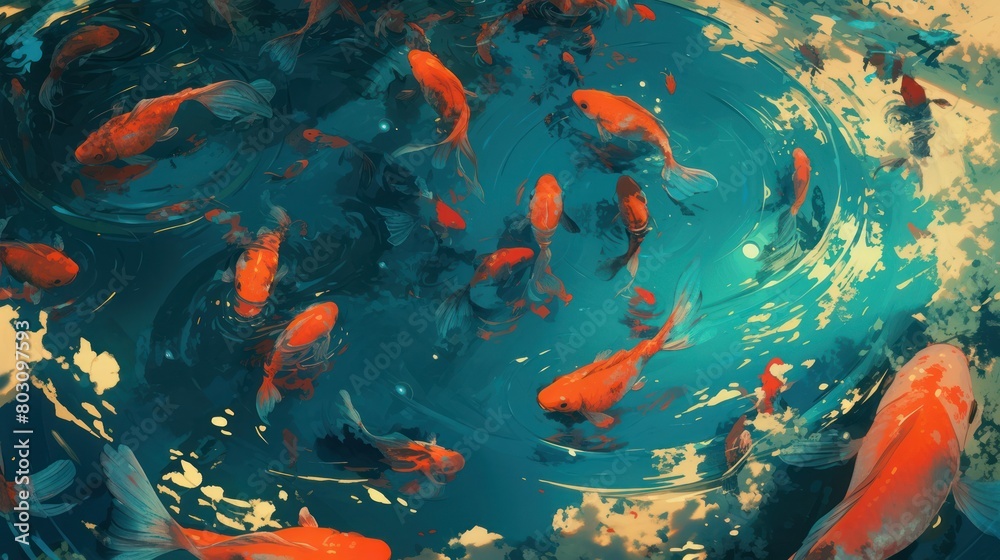 Wall mural  school of shimmering goldfish darting through a tranquil pond, creating a mesmerizing underwater spectacle,