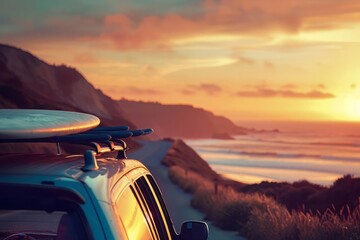 A summer road trip along a coastal road, surfboards strapped to the roof of a car, and a sunset casting warm hues over the scene