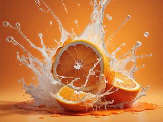 Orange fruit splashing in water