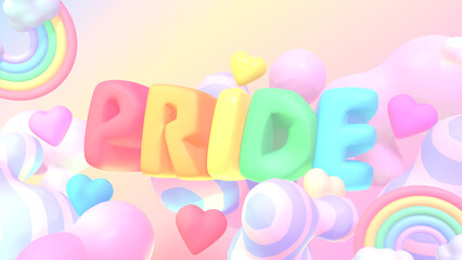 3d rendered cartoon pride text with hearts, rainbows, and clouds in the sky.