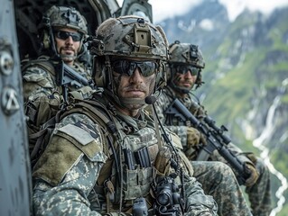 Elite soldiers seated in helicopter overlooking mountainous terrain, equipped with advanced tactical gear, representing military readiness and strategic deployment