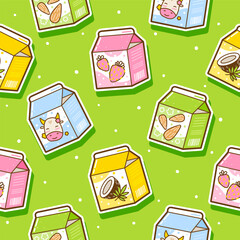 Seamless pattern with cute cartoon milk drinks stickers on green background - cow, almond, coconut milk and yoghurts