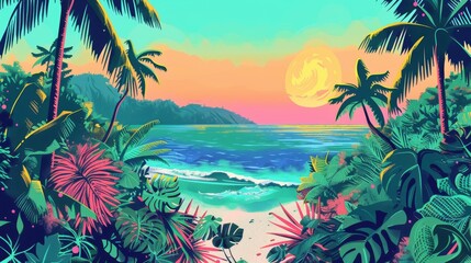 Fototapeta na wymiar Idyllic tropical beach with vibrant sunset, lush foliage, and serene waves