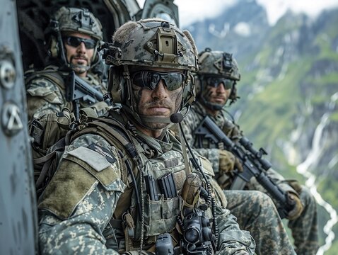 Elite soldiers seated in helicopter overlooking mountainous terrain, equipped with advanced tactical gear, representing military readiness and strategic deployment