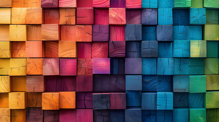 Abstract geometric rainbow colors colored 3d wooden square cubes texture wall background banner illustration panorama long, textured wood wallpaper