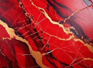 Vibrant red marble with striking gold fissures, ideal for bold and luxurious design elements