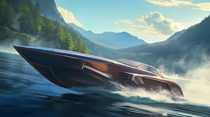  sleek speedboat racing across a calm lake in a photorealistic style.,