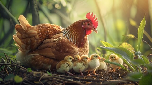 Family of Feathers: Sweet moment captured as a hen gathers her chicks under her wings, symbolizing safety, warmth, and maternal affection.