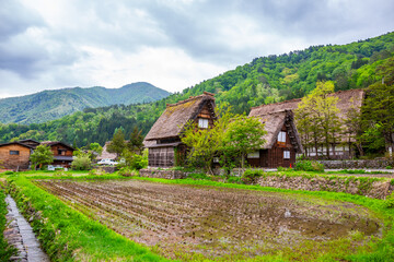 Obraz premium Landscape Traditional and Historical Japanese village Shirakawago in Gifu Prefecture Japan, Gokayama has been inscribed on the UNESCO World Heritage List due to its traditional Gassho-zukuri houses