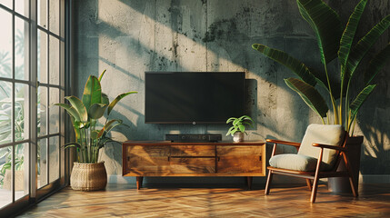 Minimalist TV lounge with a potted plant, a mid-century modern chair, and a modern entertainment center