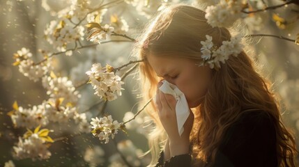 Woman sneezing into a handkerchief near a tree full of blossoms. She is suffering from seasonal spring allergy. - obrazy, fototapety, plakaty