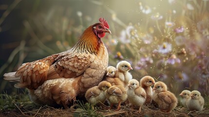 Hen and Chicks Bonding: Heartwarming image of a mother hen nurturing her lively chicks, showcasing the beauty of family bonds.