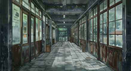 Japanese High School Corridor Anime Background
