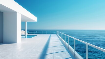 Modern luxury balcony with a panoramic sea view, featuring a sleek, minimalist design under a clear blue sky