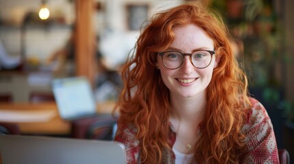 Smiling Red-Haired Woman with Glasses - Powered by Adobe