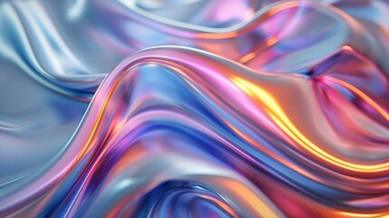 Colorful abstract fluid shape with a chrome gradient, depicting flowing liquid on a grey background. Close up view. Abstract holographic wallpaper in the style of soft light, gradient, wide angle