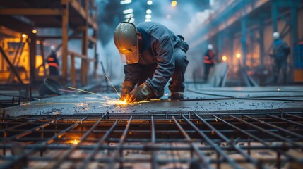A worker in protective gear uses a welding tool on metal rods at an industrial site, with sparks flying around.