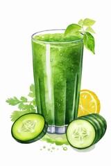 Fototapeta premium Freshly made healthy green smoothie in a glass with cucumber, lemon and coriander