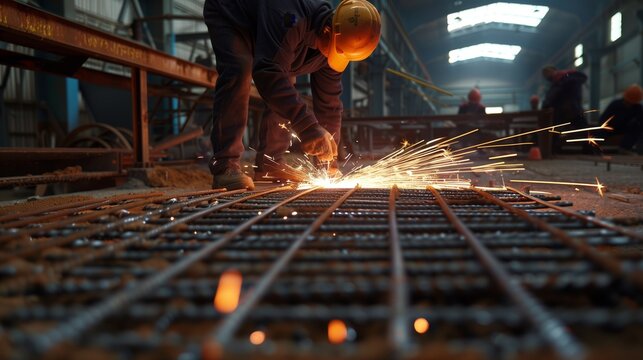 A worker in safety gear is welding on a large metal grid in an industrial setting, with sparks flying around.