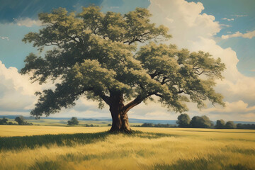 vintage painting art, summer landscape big tree in grass with clouds