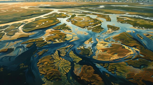 Stunning aerial view of vibrant coastal wetlands with intertwining waterways