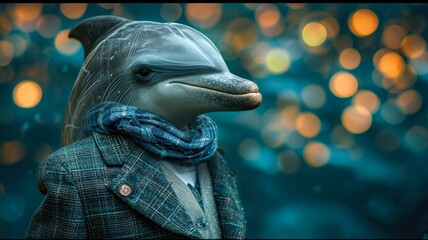 Sophisticated dolphin glides through urban waves in tailored splendor, epitomizing street style. The realistic cityscape forms a backdrop, capturing the aquatic grace merged with contemporary fashion 