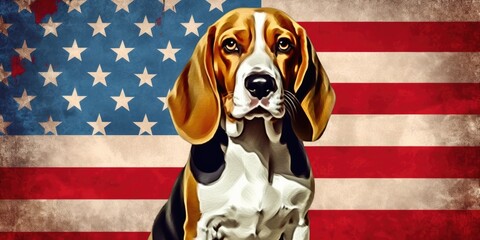 Cute dog dressed in US national colors. July 4th is Independence Day of the United States of America. Generative AI
