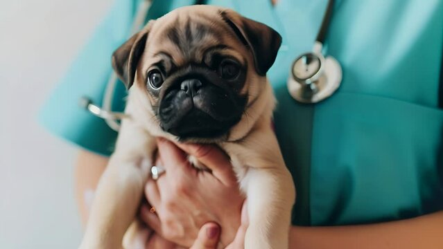 A mops in the veterinarian's arms
