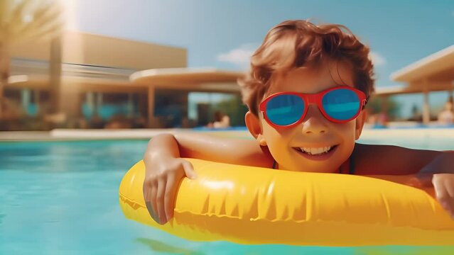 A boy swims in the pool on a swimming ring